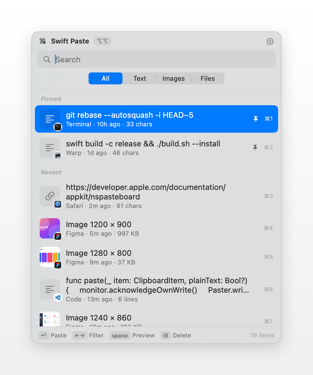 The history list with pinned entries at the top